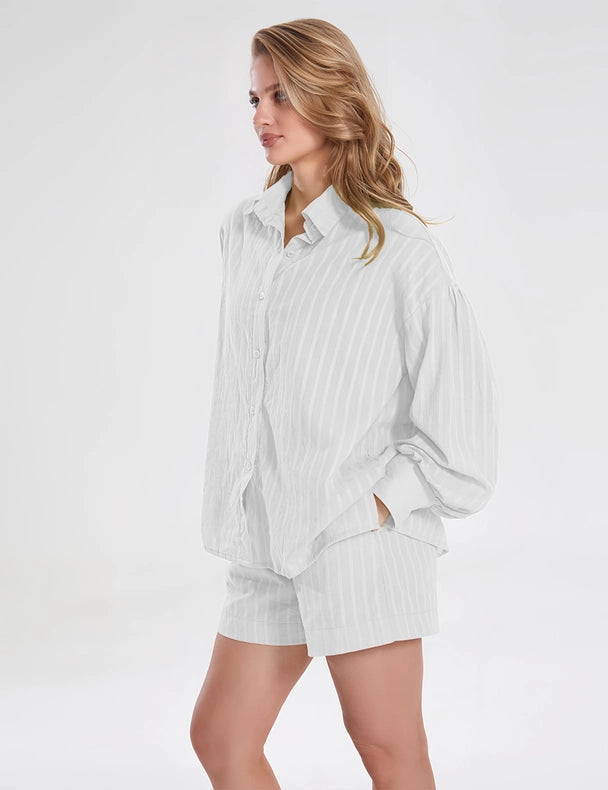 Ladies Stripe Long Sleeves Shirt with Shorts 2PCS Set White