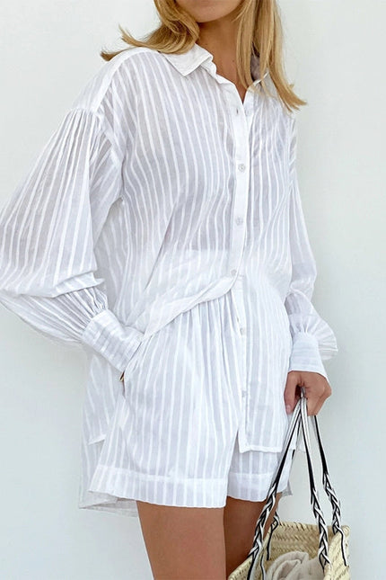 Ladies Stripe Long Sleeves Shirt with Shorts 2PCS Set White