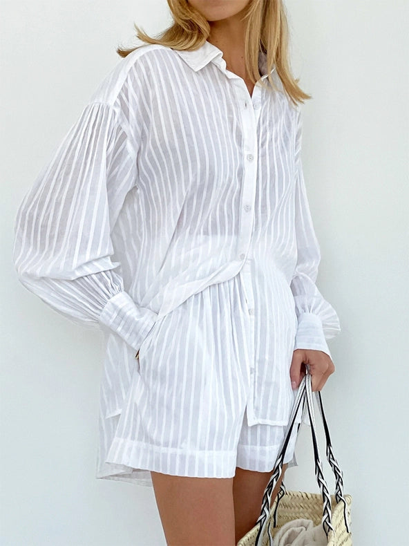 Ladies Stripe Long Sleeves Shirt with Shorts 2PCS Set White