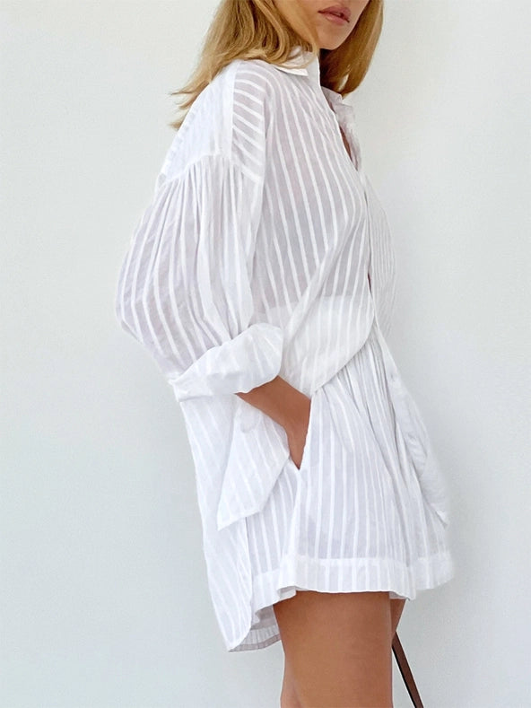 Ladies Stripe Long Sleeves Shirt with Shorts 2PCS Set White