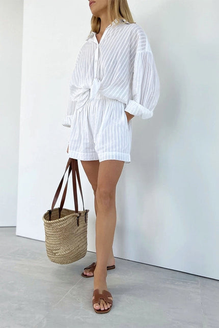 Ladies Stripe Long Sleeves Shirt with Shorts 2PCS Set White