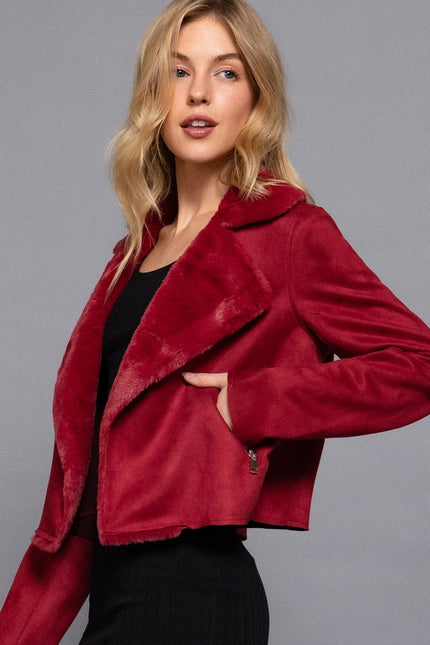 Lapel Collar with Fur Detailed Faux Suede Biker Jacket BRG-wine