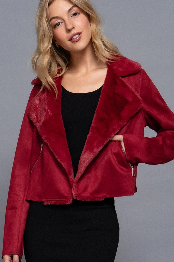 Lapel Collar with Fur Detailed Faux Suede Biker Jacket BRG-wine