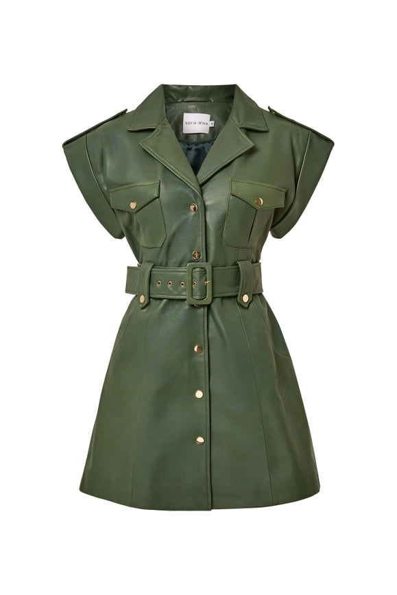 Leather Military Dress - Chive