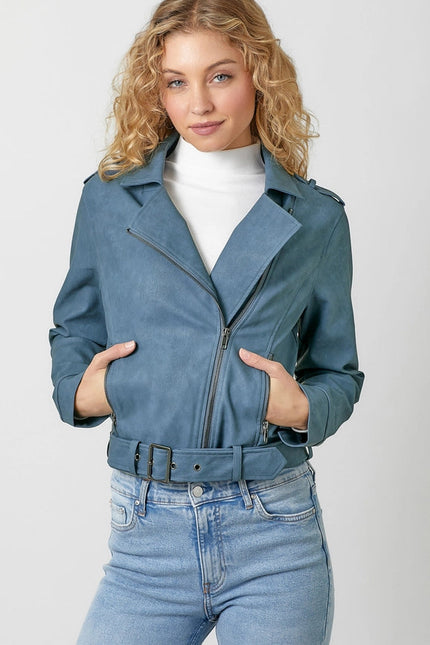 Leather Moto Jacket Blue