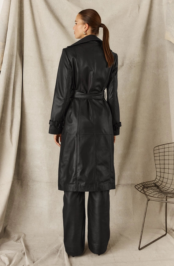 Leather Trench Coat - Midnight Blue