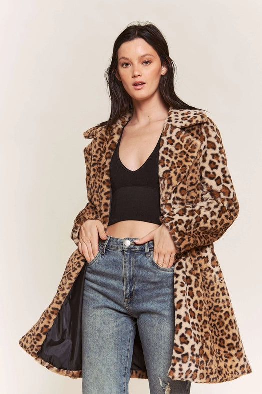 Leopard Faux Fur Midi Length Jacket