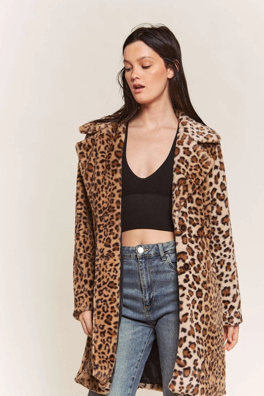 Leopard Faux Fur Midi Length Jacket