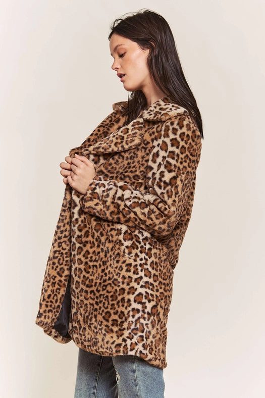 Leopard Faux Fur Midi Length Jacket