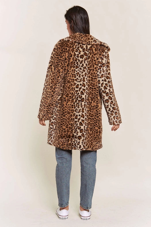 Leopard Faux Fur Midi Length Jacket