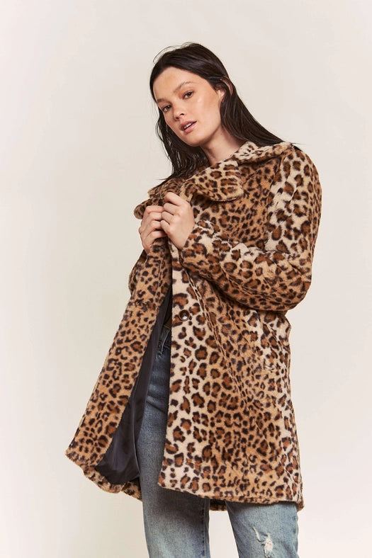 Leopard Faux Fur Midi Length Jacket