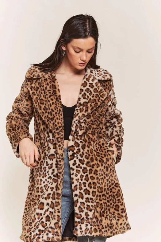 Leopard Faux Fur Midi Length Jacket