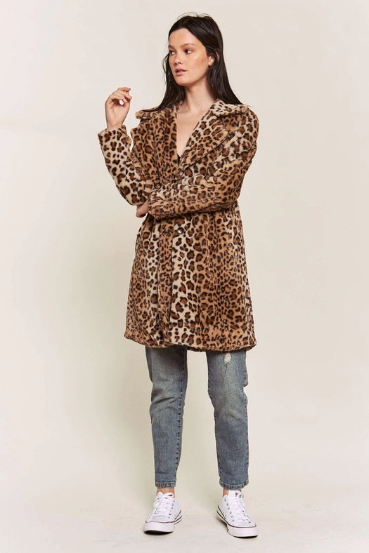 Leopard Faux Fur Midi Length Jacket