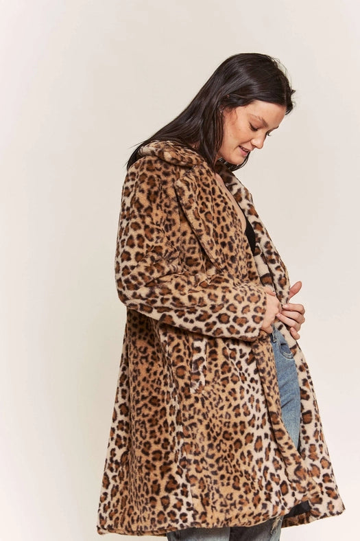 Leopard Faux Fur Midi Length Jacket