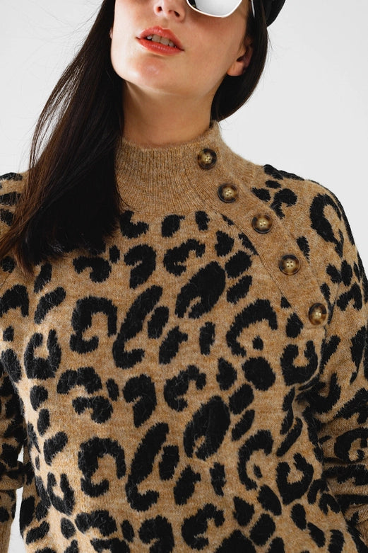 Leopard Knit Sweater with Buttons On the Side