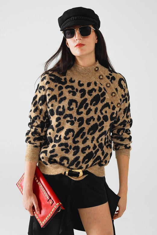 Leopard Knit Sweater with Buttons On the Side