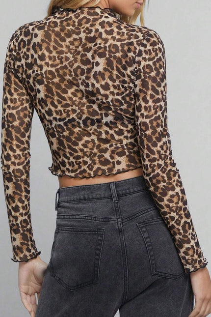 Leopard Mock Neck Long Sleeve Sheer Top