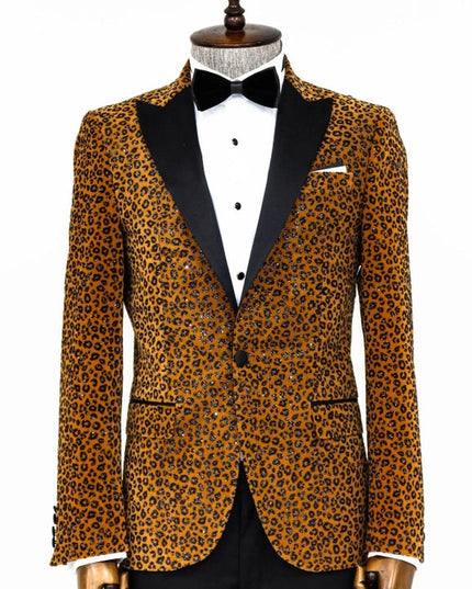 Leopard Pattern Slim Fit Peak Lapel Yellow Men Prom Blazer