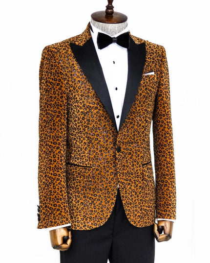 Leopard Pattern Slim Fit Peak Lapel Yellow Men Prom Blazer