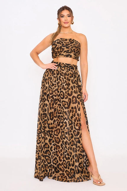 Leopard Pleated Tube Top Slit Front Skirt Set