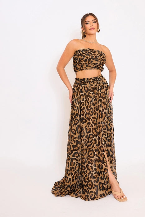 Leopard Pleated Tube Top Slit Front Skirt Set