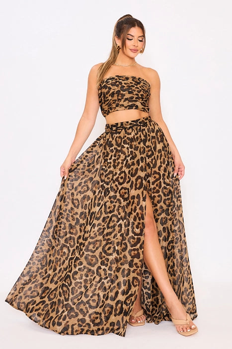 Leopard Pleated Tube Top Slit Front Skirt Set