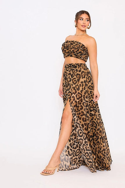 Leopard Pleated Tube Top Slit Front Skirt Set