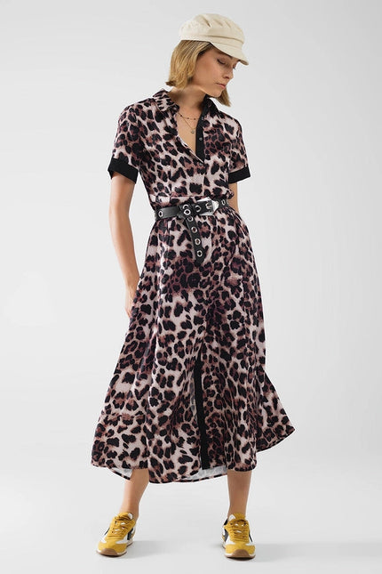 Leopard Print Buttoned Maxi Dress with Satin Detail