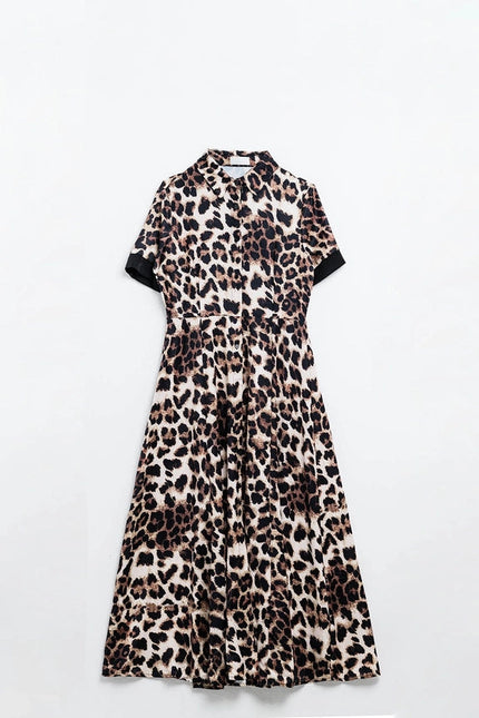 Leopard Print Buttoned Maxi Dress with Satin Detail