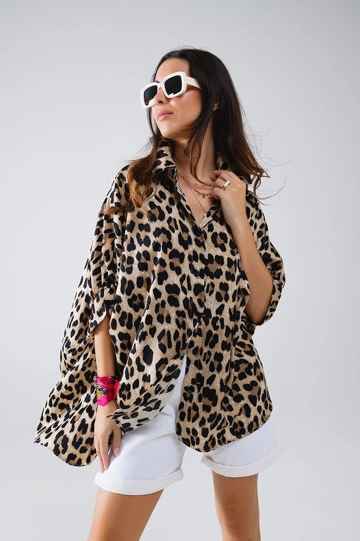 Leopard Print Oversize Shirt with 3/4 Long Sleeves