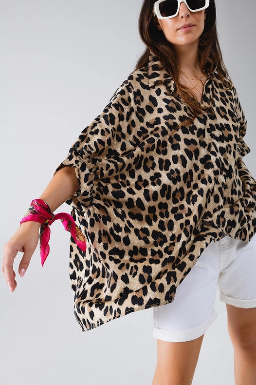 Leopard Print Oversize Shirt with 3/4 Long Sleeves
