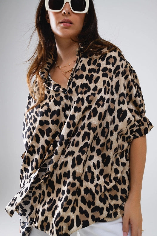 Leopard Print Oversize Shirt with 3/4 Long Sleeves