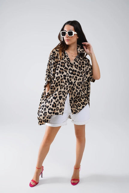 Leopard Print Oversize Shirt with 3/4 Long Sleeves