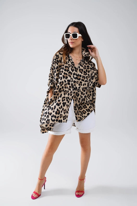 Leopard Print Oversize Shirt with 3/4 Long Sleeves