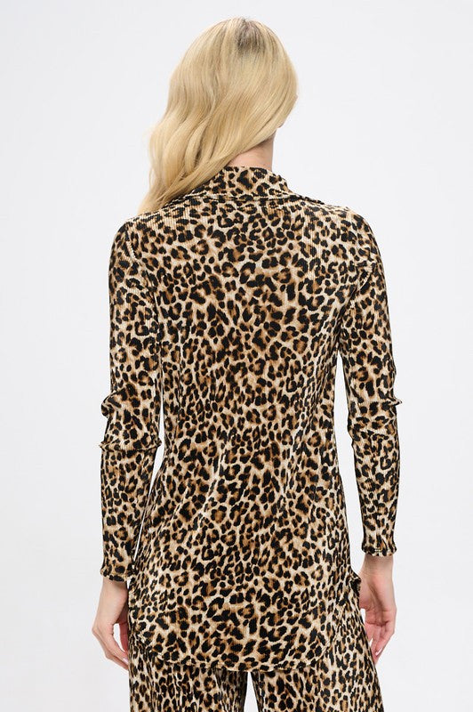 Leopard Print Plisse Solid Button Down Top with Collar-3