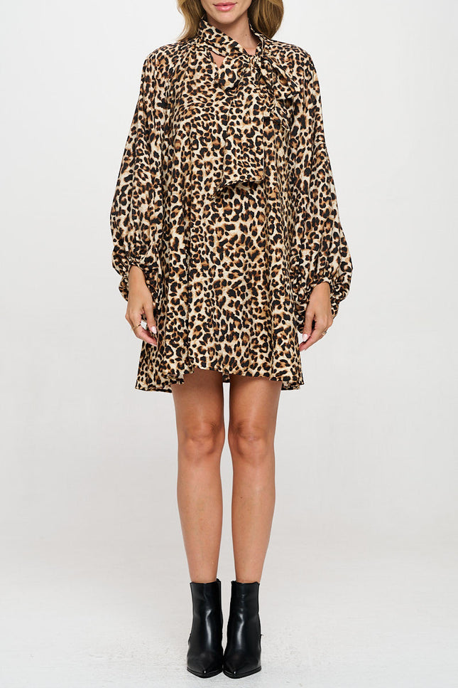 Leopard Print Puff Sleeve Dress with Front Neck Tie Detail-1