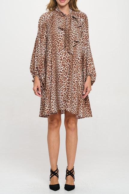 Leopard Print Puff Sleeve Dress with Front Neck Tie Detail-2