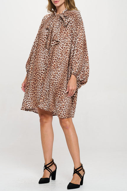 Leopard Print Puff Sleeve Dress with Front Neck Tie Detail-3