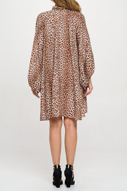 Leopard Print Puff Sleeve Dress with Front Neck Tie Detail-4