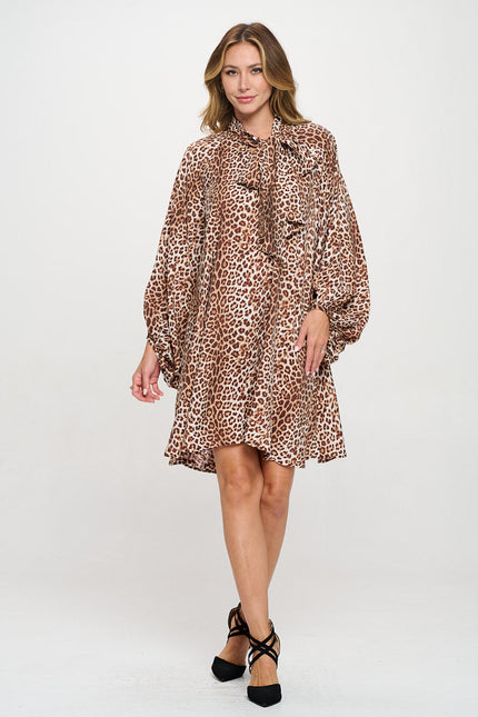 Leopard Print Puff Sleeve Dress with Front Neck Tie Detail-5