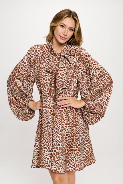 Leopard Print Puff Sleeve Dress with Front Neck Tie Detail-0