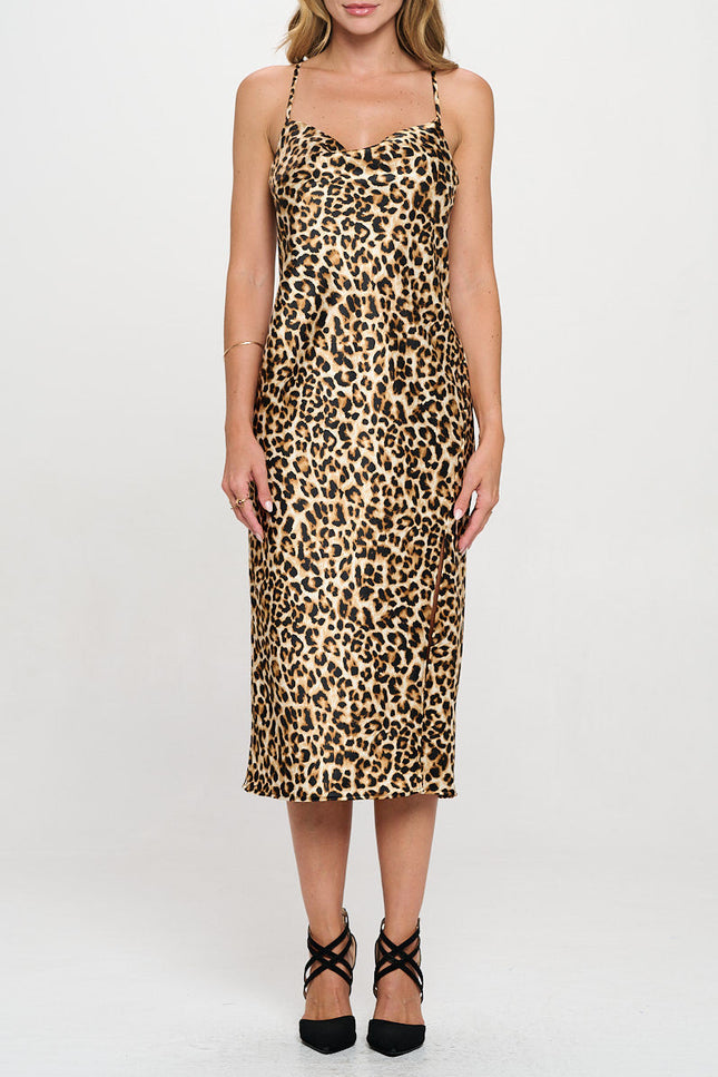 Leopard Print Satin Bias Slip Dress with Slit-2