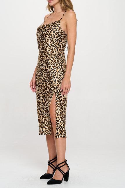 Leopard Print Satin Bias Slip Dress with Slit-3