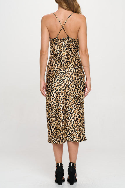 Leopard Print Satin Bias Slip Dress with Slit-4