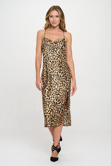 Leopard Print Satin Bias Slip Dress with Slit-5