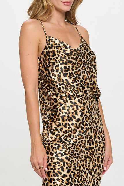 Leopard Print Satin Cowl neck Tank Top-3