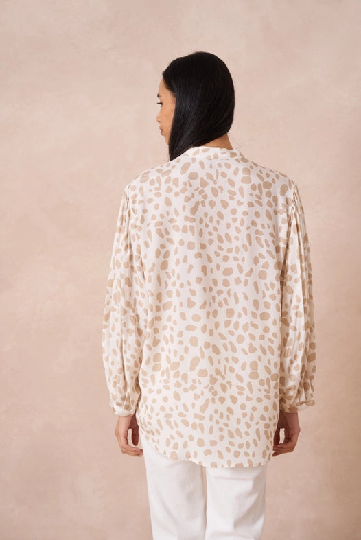 Leopard Print Shirt with Officer Collar Beige