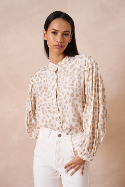 Leopard Print Shirt with Officer Collar Beige