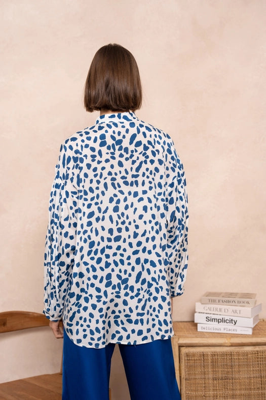 Leopard Print Shirt with Officer Collar Blue