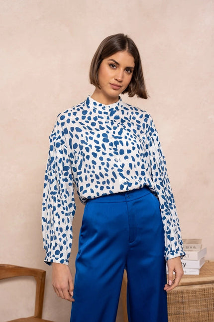 Leopard Print Shirt with Officer Collar Blue